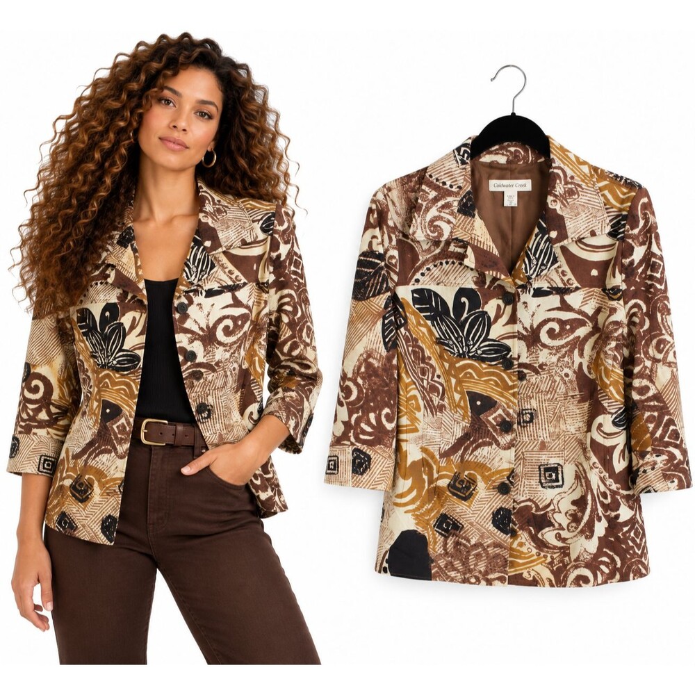 Coldwater Creek Blazer Jacket Size 10 Abstract Tribal Batik Print Button Front